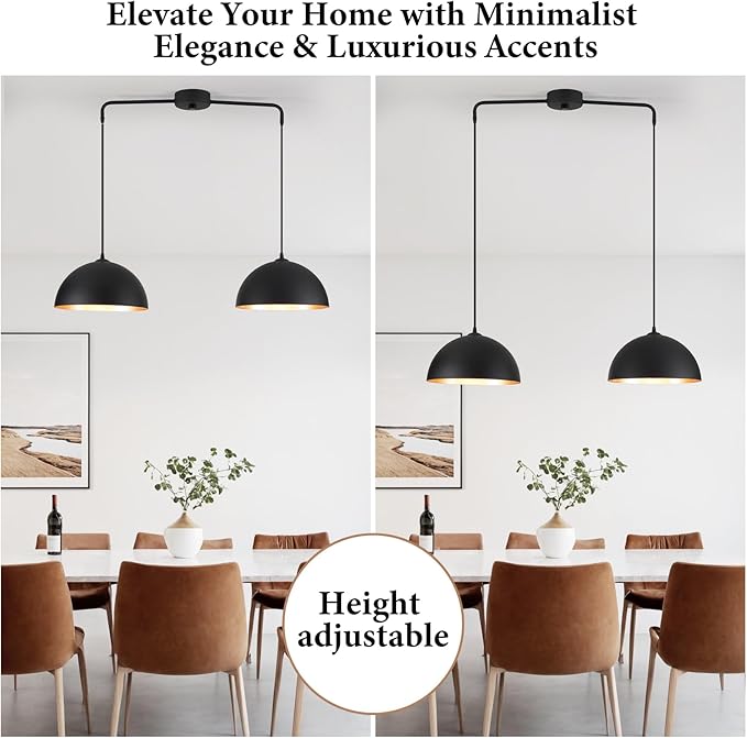 Pendant Lights Kitchen Island, 2-Light Black and Gold Dome Pendant Light Fixtures, Island Lights for Kitchen Farmhouse Dining Room Restaurant