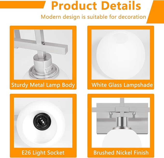 Dpyrrhic Modern Vanity Lighting Fixtures,3-Light Bathroom Lighting Fixtures Over Mirror，Brushed Nickel Wall Mounted Bathroom Vintage Lamp with Milky White Glass Lampshade for Living Room，Bedroom