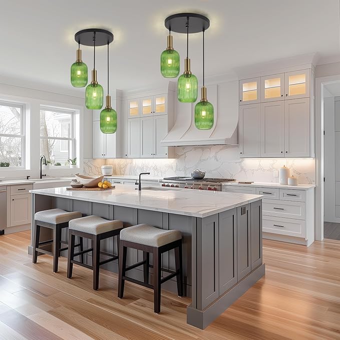 FRIXCHUR 3-Light Pendant, Mid Century Style Glass Shades with E26 Sockets, Adjustable Retro Pendant Light with Gold Accents, Ideal for Kitchen Islands and Living Rooms (Emerald)