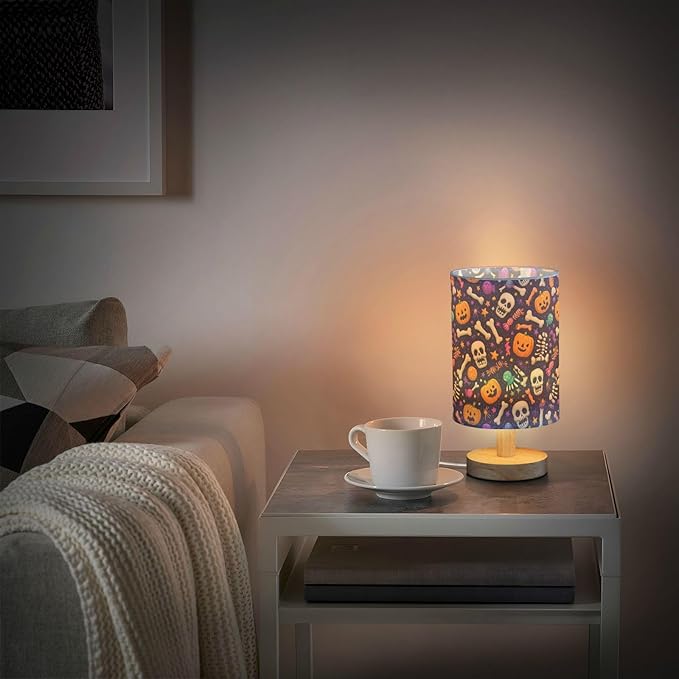 Aslsiy Halloween Bones Candies Pumpkin Bedside Table Lamp Nightstand Lamp Night Light Fabric Shade for Bedroom Living Room Home Office