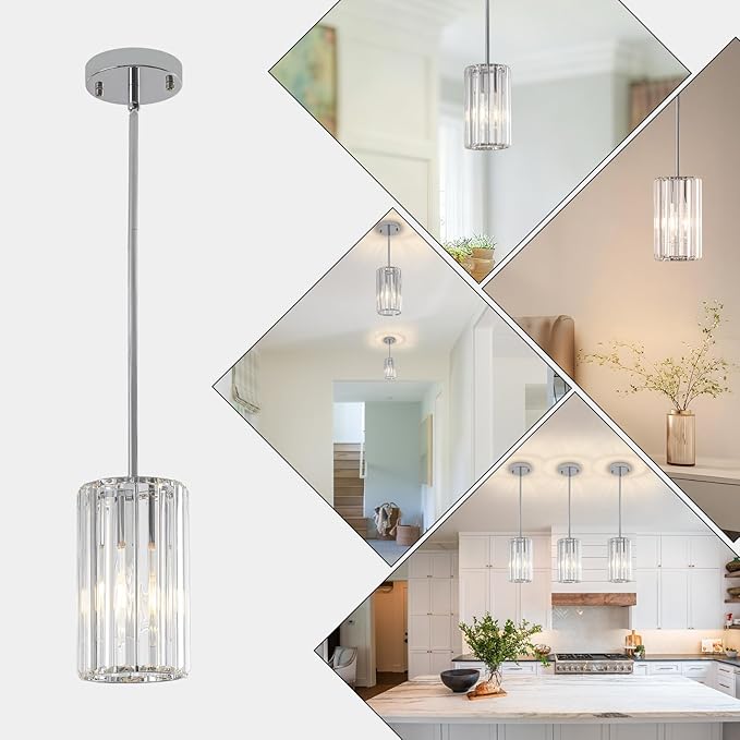 3 Pack Chrome Modern Pendant Lights Mini Chandelier Kitchen Island Pendant Lights Hanging Light Fixtures Adjustable Crystal Chandelier Fixture for Island Dining Room Hallway Bedroom