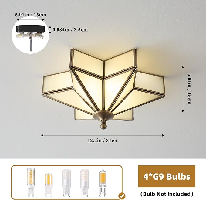 Star Brass Glass Ceiling Light - Small 12 Inch Bronze Black Flush Mount Fixture - Unique Art Deco Vintage Modern Milk Lighting Lights for Bedroom Dining Entry Hall Hallway Outdoor Porch