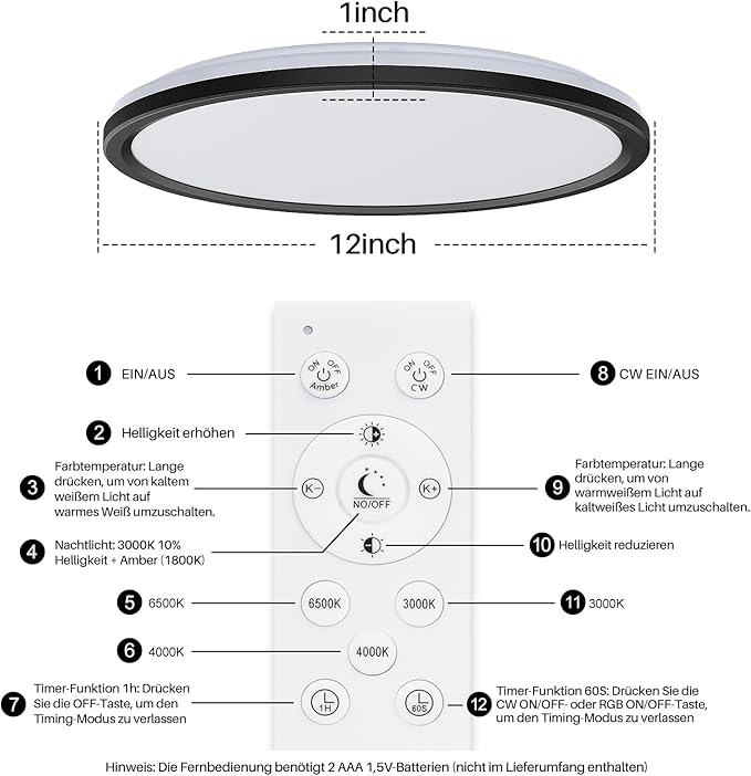 AmazeFan 12Inch LED Flush Mount Ceiling Light with Remote Control, Dimmable Night Light 1800K 3000K/4000K/6500K 24W 2400lm Low Profile Wired Ceiling Lamp for Bedroom LivingRoom Kitchen Hallway-Black