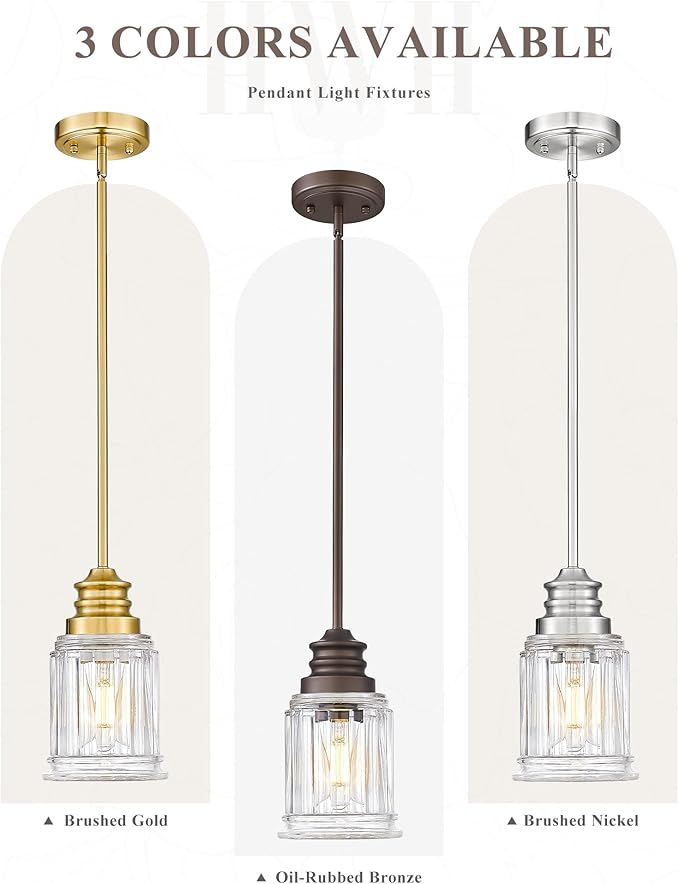 Farmhouse Pendant Light for Kitchen Island, HWH Oil-Rubbed Bronze Finish Pendant Light, Single 1-Light Hanging Light Fixture, Bell-Shaped Fluted Clear Glass, 5HZG106MIL-L ORB