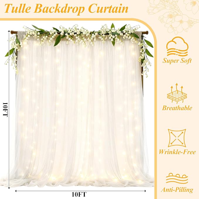 Ledido 10×10ft White Tulle Backdrop Curtains with Lights String - 300LED Fairy Lights Sheer Curtain Backdrop for Wedding Baby Shower Photo Shoot Birthday Party Decoration(2 Panels 5×10ft)，White