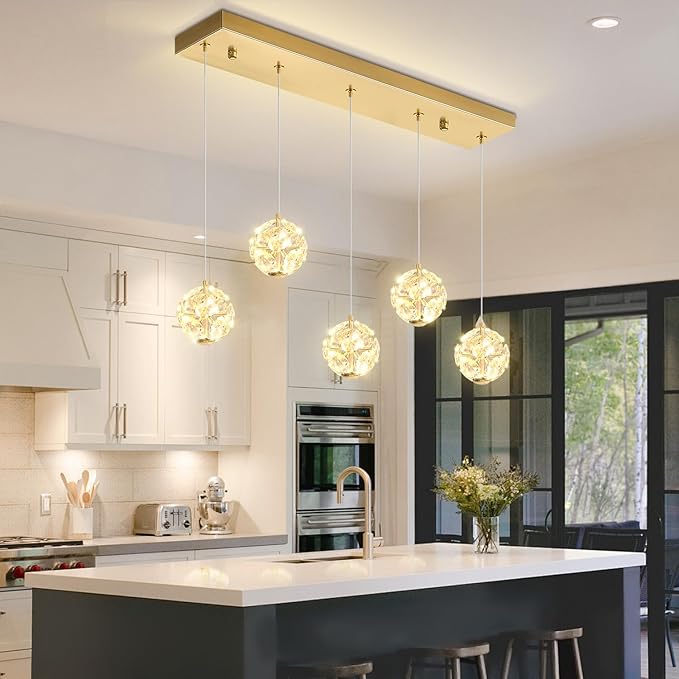 ykolupty 5-Lights Crystal Globe Pendant Light Kitchen Island Gold Linear Chandeliers for Dining Room,LED Dimmable Globe Chandelier for Kitchen Living Room Foyer