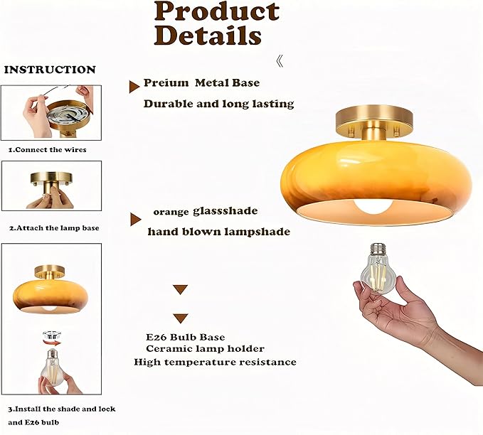 Semi Flush Mount Ceiling Light,11inch Mid Century Modern Light Fixture,Hallway Lighting Fixture with Burnt Orange Glass Shade,Vintage Ceiling Lamp for Kitchen,Porch,Entryway,Closet,Bedroom