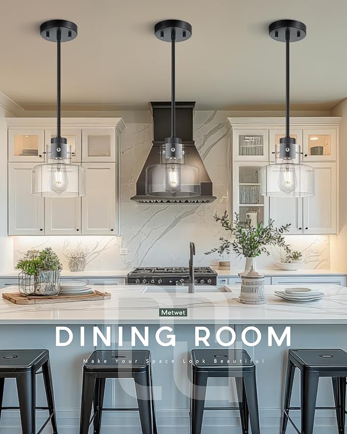 Matte Black Pendant Lights Kitchen Island, 6" Pendant Light Fixtures Over Island with Clear Glass Shade, Modern Kitchen Island Lighting for Dining Room Entryway, PL124-MB-G-1PK