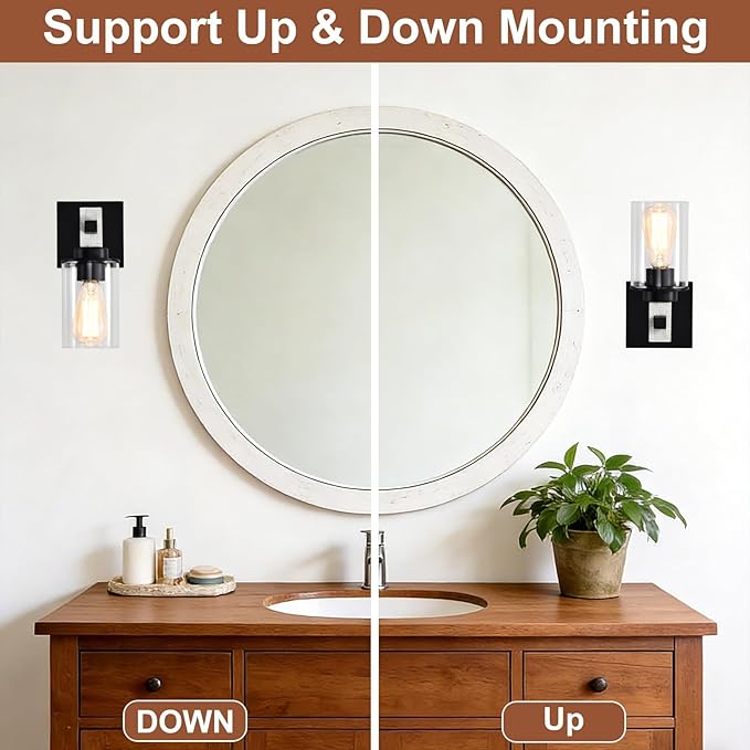 Rustic Wall Sconces Set of 2,Hardwired 1-Light White Wood Farmhouse Sconce with Clear Glass Cylinder Shade,Matte Black Metal Wall Light,E26 Indoor Bathroom Vanity Fixture for Mirror,Bedroom,Hallway