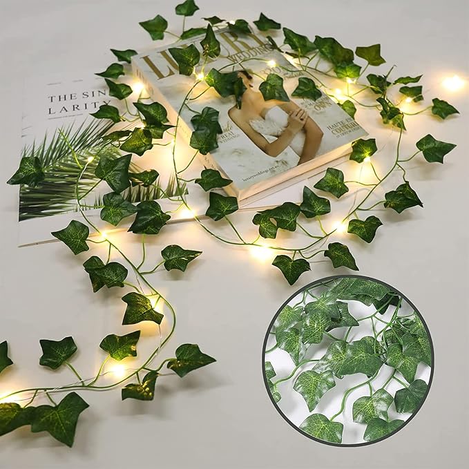 2 Pack 6.56 Ft Green Ivy Leaves Fairy String Lights Battery Operated, 40 LEDs Battery Powered Artificial Garland Plant Vine Fairy Light for Bedroom Wedding Party Holiday Patio Decor（Warm White）