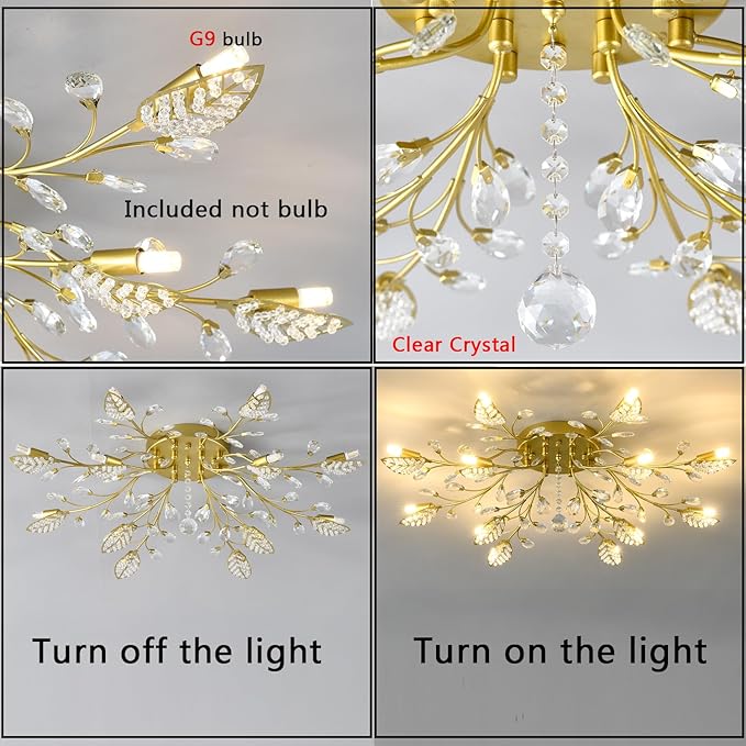 Crystal Flush Mount Ceiling Light,Semi Flush Mount Chandeliers,Crystal Leaf Ceiling Light, Chandeliers for Dining Room,Living Room,Bedroom