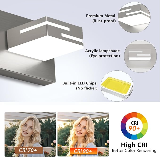 LED Modern Bathroom Vanity Light Fixtures, 4-Light 28-inch Dimmable Brushed Nickel Vanity Lights for Bathroom Lighting Fixtures Over Mirror, with 360° Rotatable Acrylic Heads (Cool White 6000K)