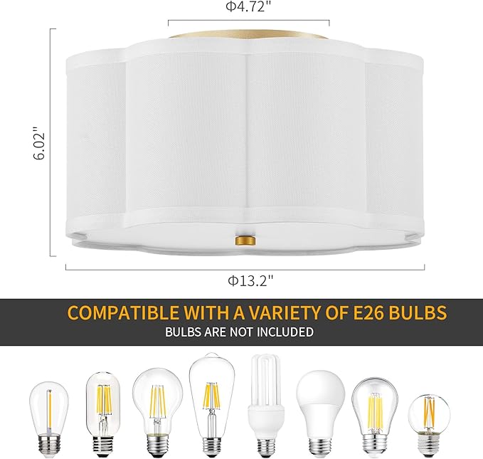 12.99“ Semi Flush Mount Ceiling Light Fixture Modern 3-Lights Gold Drum Ceiling Lighting Vintage Linen Ceiling Lamp for Laundry Room, Kitchen, Basement, Dining Room, Bedroom