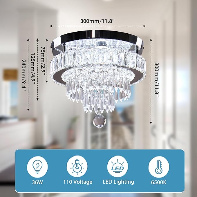 Chandelier 11.8" Modern Crystal Chandeliers Crystal Light Fixtures Flush Mount Chandelier Ceiling Light Chandeliers for Bedrooms Living Room Dining Room Hallway (Cool White)