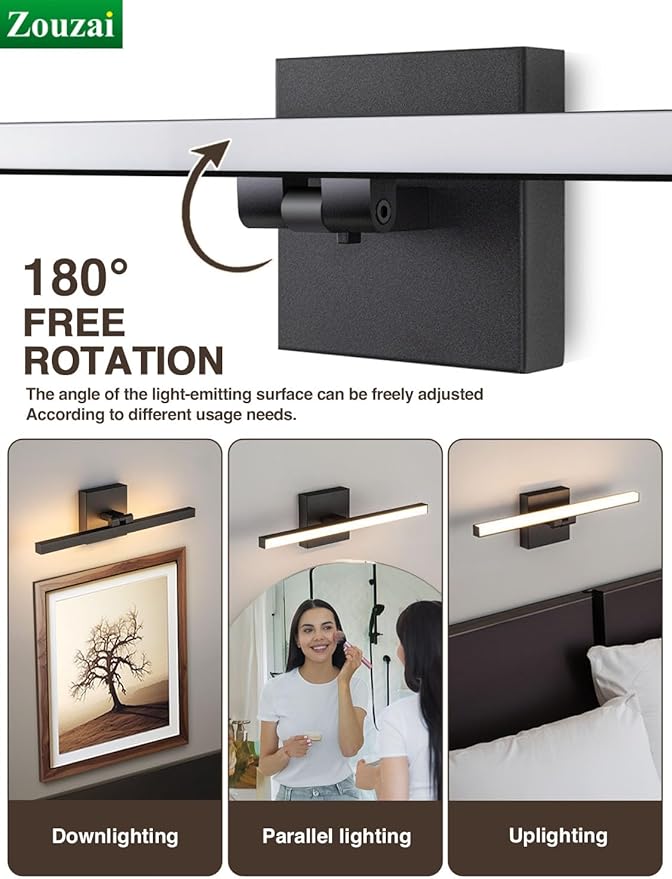 zouzai Second Generation Modern LED Bathroom Vanity Light Bar Black IP44 Over Mirror Bath Wall Fixture 5CCT Adjustable, Dual-Sided, 180° Adjustable Angle (16 inch)