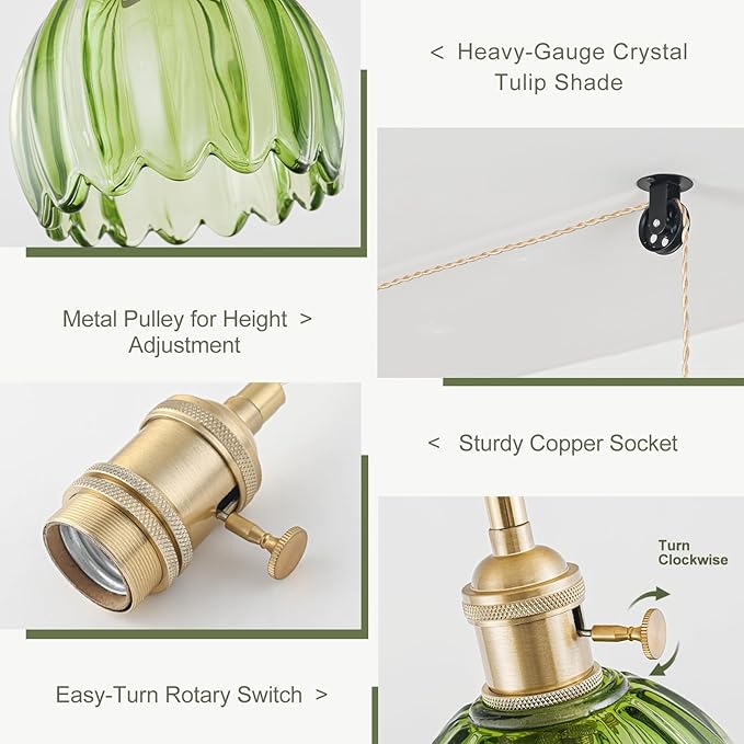 2 Pack Plug in Pendant Light Fixtures, Hanging Light Fixture Vintage Glass Pendant Light, Mini Green Tulip Hanging Lamp, Pendant Lighting for Kitchen Island, Bedroom, Dining Room, Living Room