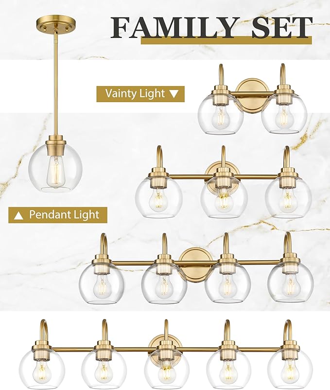 3-Pack Pendant Lights Kitchen Island, Gold Hanging Lights Fixtures with Clear Glass Globe Shade, Brass Kitchen Island Lighting for Dining Room, AD-22280-1P3-GD