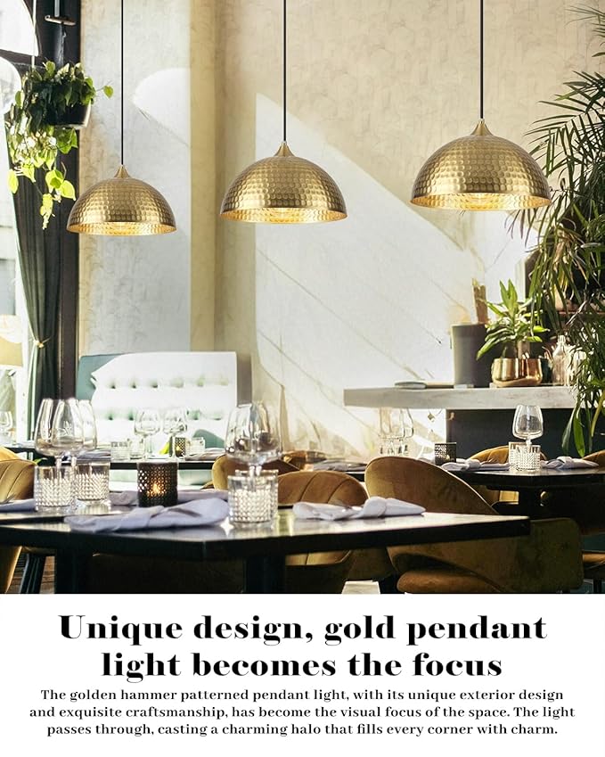 Hammered Pendant Lights Kitchen Island 3 Pack, 12 Inch Gold Dome Pendant Light, Industrial Hammered Pendant Light, Island Pendant Lights for Kitchen, Dining Room, Cafe