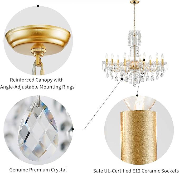 WUZUPS 10-Light Crystal Candle Chandelier Pendant Ceiling Light Modern Lighting Fixture for Bedroom Hallway Bar Kitchen Bathroom, H 26.7" W 33.9", E12 Base, Gold