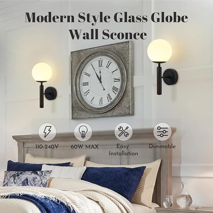 KCO Lighting Black Wall Sconces Set of 2 Modern Globe Wall Sconce Milk Glass Wall Light Farmhouse Mid Century Wall Sconce Bathroom Wall Light Fixture Over Mirror