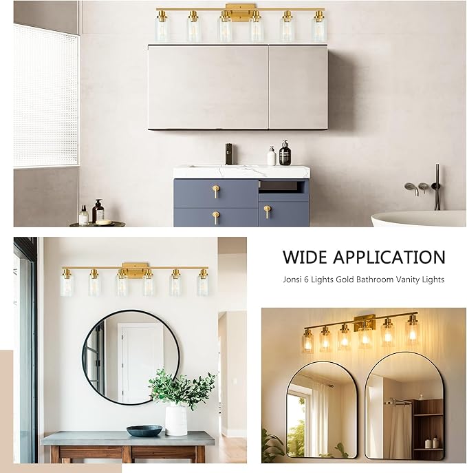 Jonsi Brushed Gold Bathroom Light Fixtures, 6-Light Brushed Gold Vanity Light, Bathroom Vanity Light with Stripe Glass Shade, E26 Wall Sconces Over Mirror for Bathroom, Living Room, Hallway