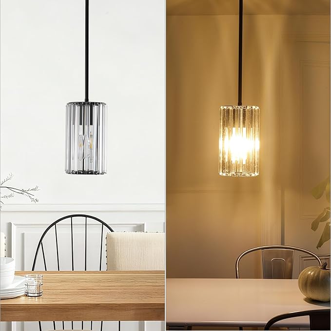 3 Pack Black Modern Crystal Pendant Lights, Hanging Light Fixtures Mini Kitchen Island Pendant Lights Adjustable Crystal Chandelier Fixture for Island Dining Room Hallway Bedroom