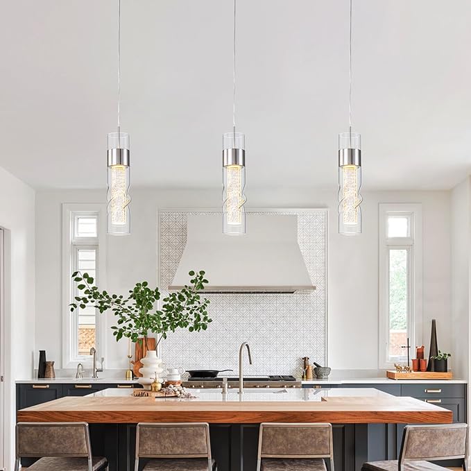 WILON Pendant Lights Kitchen Island, 9W Modern Kitchen Island Lights Brushed Nickel, Ceiling Lighting Fixtures with Crystal Bubble, Integrated LED Hanging Light for Dining Room Restaurant(1 Pack)