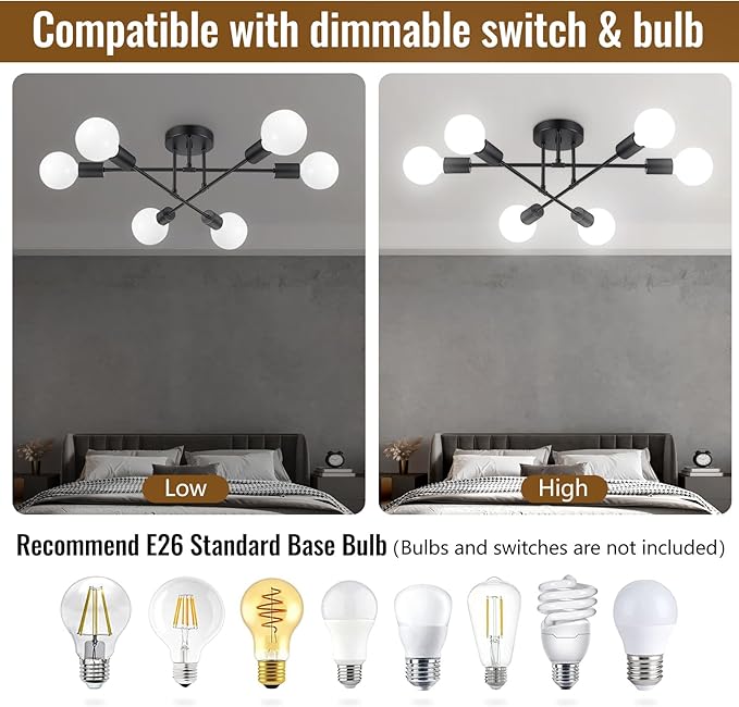 Ceiling Light Fixture, 6-Light Ceiling Light Chandelier, Modern Dinning Room Light Fixture, Sputnik Light Fixtures Ceiling Mount, Semi Flush Mount Light Fixture For Living Room,Bedroom,Hallway,Kitchen