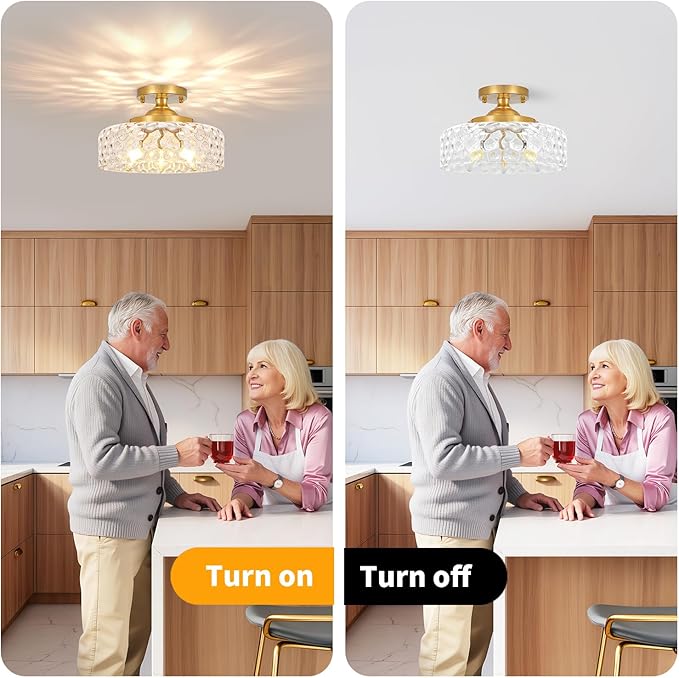Gold Semi Flush Mount Ceiling Light, 3-Light Ceiling Light with Hammered Glass, Vintage Hallway Lights, Brass Closet Light Fixture, Kitchen Flush Ceiling Mount for Entryway Bedroom Bathroom,E12