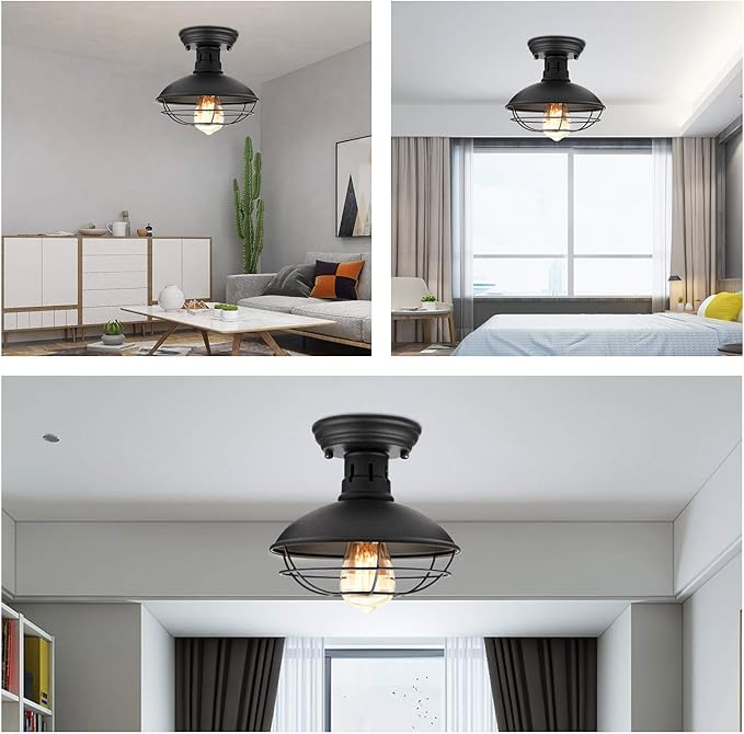 Farmhouse Flush Mount Ceiling Light - Easric Industrial Ceiling Light Fixture Rustic Black Metal Cage Close to Ceiling Lamp E26 Base for Hallway Foyer Kitchen Porch