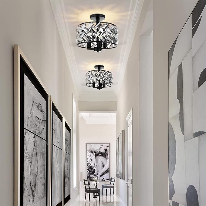 FRIDEKO HOME Black Crystal Ceiling Light - 3-Light Light Fixture Ceiling Mount Semi Flush Mount Ceiling Lights for Kitchen Bedroom Hallway Living Room Dining Room（3 Light-Black）