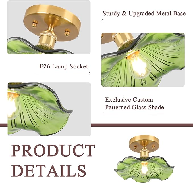 Semi Flush Mount Ceiling Light,Flower Hallway Vintage Lights Fixture Ceiling Green 8.8" Vintage Light Fixtures for Closet Hallway Kitchen Dining Room