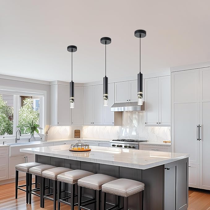 Pendant Lights Kitchen Island Dimmable LED Kitchen Lighting Matte Black Hanging Light fixtures Bubble Crystal Mini Pendant Light, Modern Pendant Ligh(3 Pack)