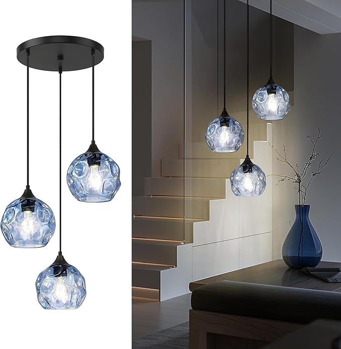 Emliviar 3-Light Globe Hanging Lights, Foyer Chandeliers with Hammered Glass Shade, Cluster Hanging Lights in Blue Finish, DYE287G1-3 BK