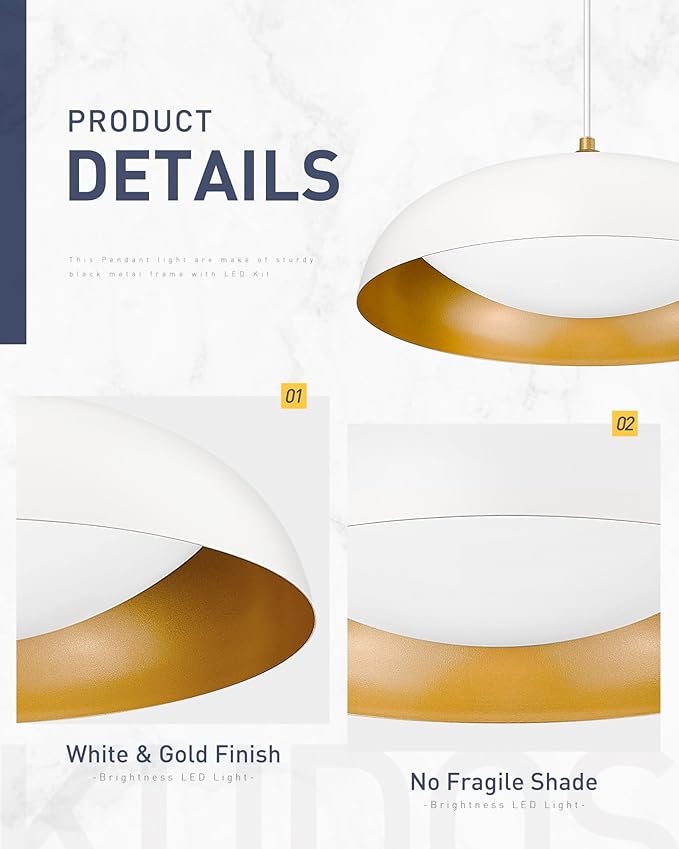 kudos LED Pendant Light Fixtures, Modern White and Gold Pendant Lights, 15 Inch Large Hanging Light Fixtures for Kitchen Island, Dining Room, Living Room, Bedroom, 5CCT Adjustable, KDPL02-WT