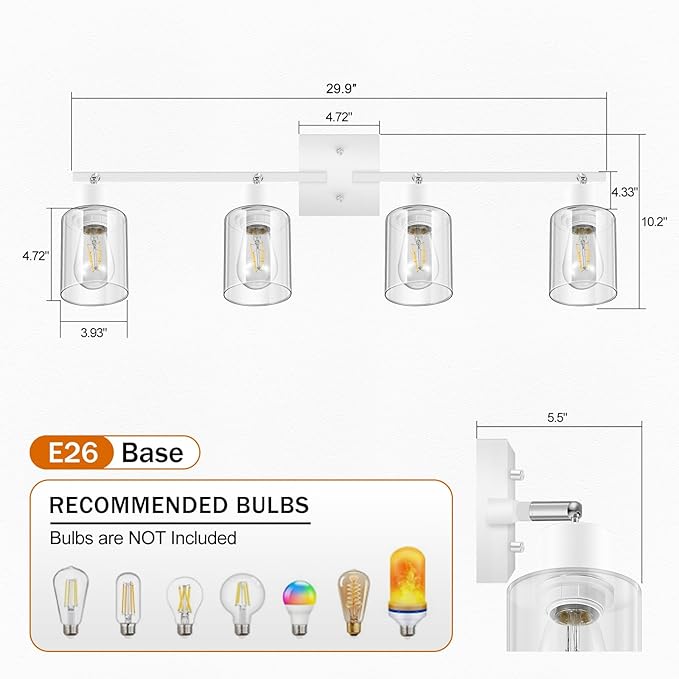 Track Lighting Fixtures Ceiling, 30" LED Track Lighting Kit Kitchen, 4-Light Ceiling Lights with Clear Glass Shade, White Modern Spotlight Light with Rotatable Head for Bathroom Vanity(E26, NO Bulb)