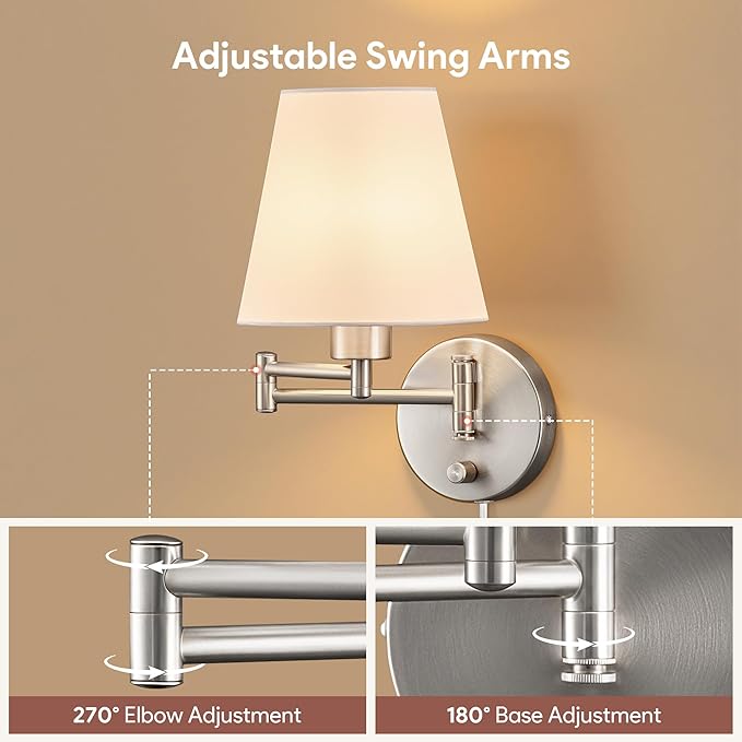 VONLUCE Wall Sconce Set of 2, Plug in & Hardwired Swing Arm Wall Lamps, Adjustable Wall Mounted Lighting Fixtures, Modern Wall Lights with Nickel Base White Fabric Shade for Bedside, Hallway, Study