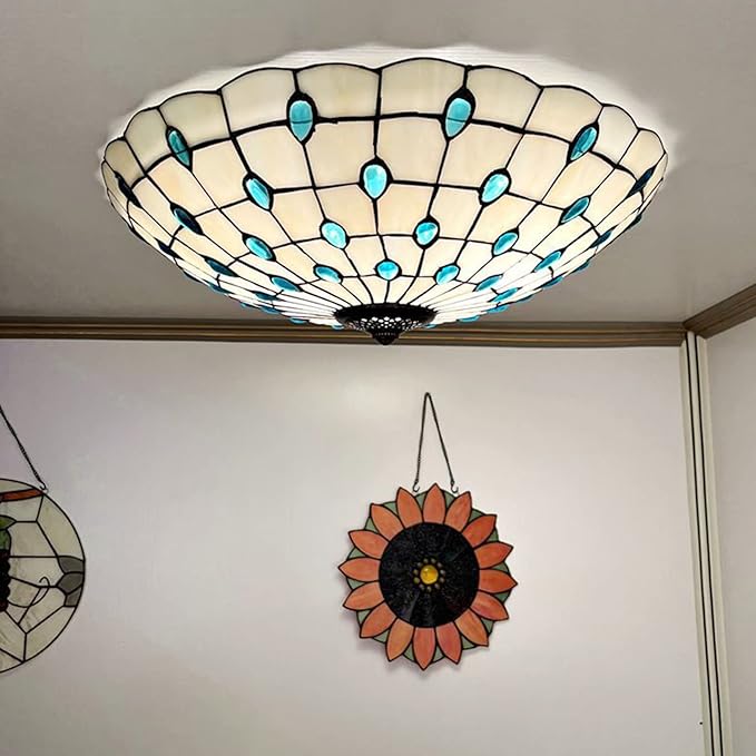 Tiffany Flush Mounts Ceiling Lights,Peacock Blue Crystal Beads Stained Glass Lampshade Ceiling Lamp for Kitchen Dining Room Livingroom Bedroom Ceiling Chandeliers Pendant Light,Blue,21in