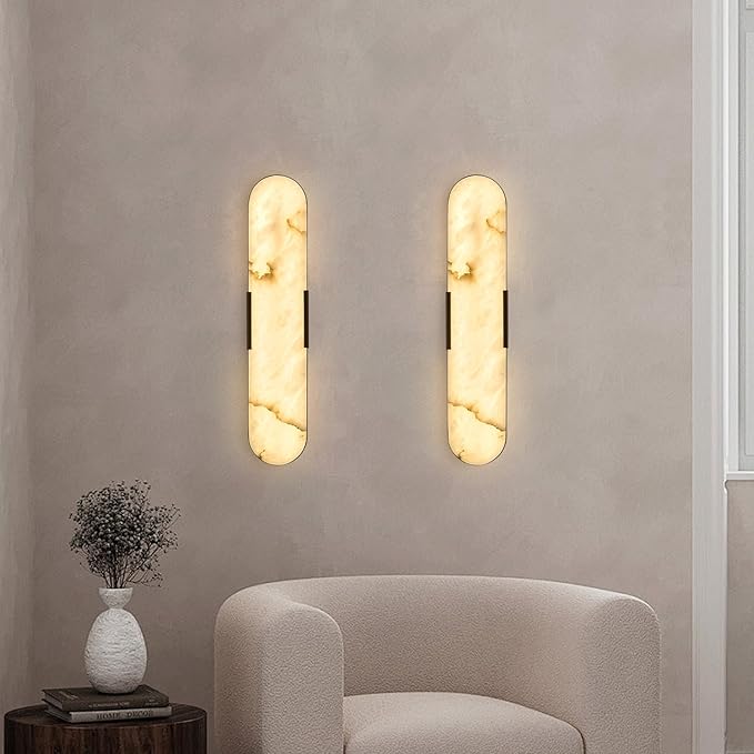 2 Pack Alabaster Wall Sconces 20" Spanish Natural Marble Wall Lights, Indoor Black Mid Century Marble Wall Lighting Bathroom Alabaster Wall Lamps for Bedroom Living Room Stairway Cafe