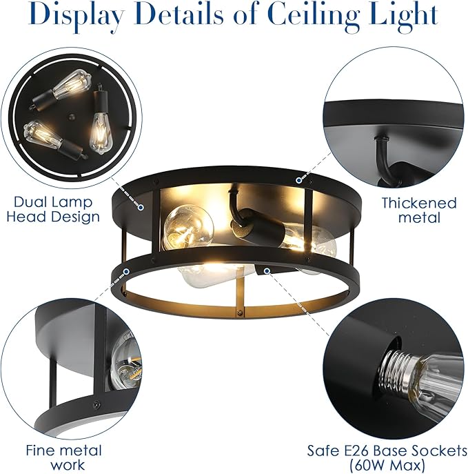 Black Flush Mount Ceiling Light Fixtures,3-Light Modern Hallway Light Fixtures Ceiling, 13 inch Black Light Fixture Ceiling Mount for Farmhouse,Kitchen, Bedroom 1 Pack