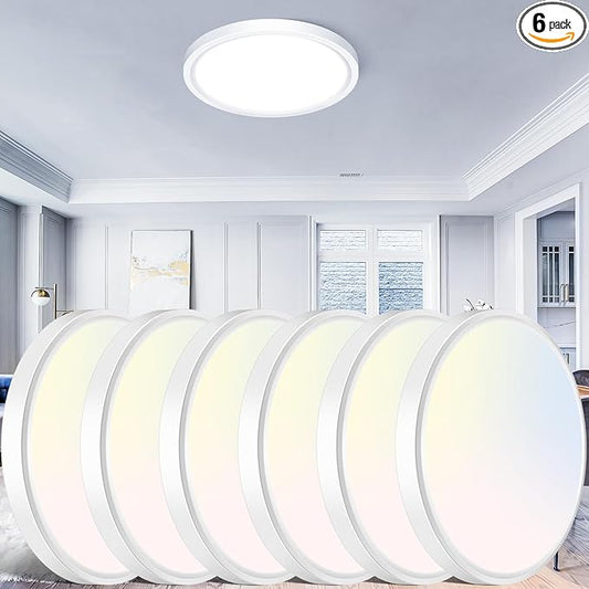 libtit 12 inch Flush Mount LED Ceiling Light Fixture, 3000K 4000K 6500K Adjustable, 28W 3200lm White Round Lighting Fixtures for Bathroom Shower Hallway Kitchen, 6 Pack