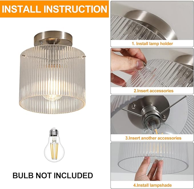 Modern Semi Flush Mount Ceiling Light, Industrial Clear Glass Ceiling Light Fixture, Crystal Ceiling Lamp, Modern Ceiling Lamps, Farmhouse Light for Entryway Hallway Kitchen Dining Room, Nickel