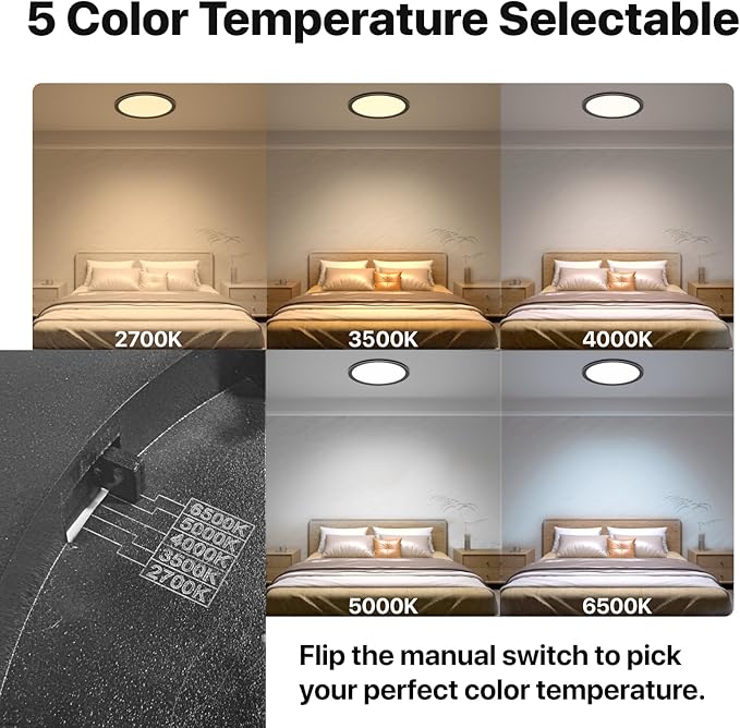 6Pack LED Flush Mount Ceiling Light Fixture Black,12Inch 24W 2640LM,Dimmable 5 CCT Selectable (2700K-6500K),Round Flat Panel Light for Bedroom,0.7Inch Thin Modern Low Profile Design for Hallway