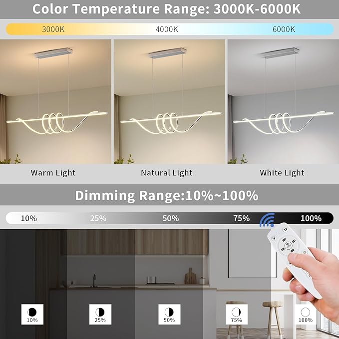 Modern LED Pendant Lights Kitchen Island,3000k-6000K Adjustable Color Dining Room Light Fixture,Dimmable with Remote Control Aluminum for Kitchen, Living, Dining,Bedroom(57in Chrome Silver