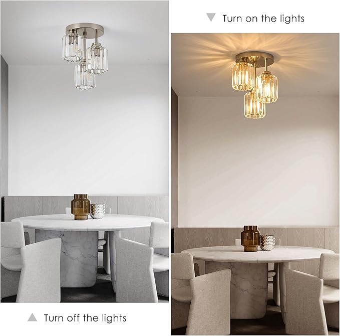 Brushed Nickel Semi Flush Mount Ceiling Light, 3-Light Modern Crystal Chandelier with Clear K9 Crystal Shades, Kitchen Light for Hallway Kitchen Bathroom Entryway