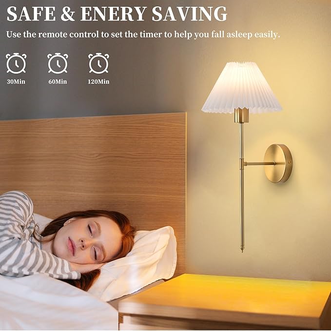 Rechargeable Wall Sconces Set of 2, Gold Battery Operated Wall Lights with Remote, Dimmable Pleated Shades Wall Lamp, 15 Colors Wireless Bathroom Vanity Wall Sconce for Bedroom Living Room Hallway