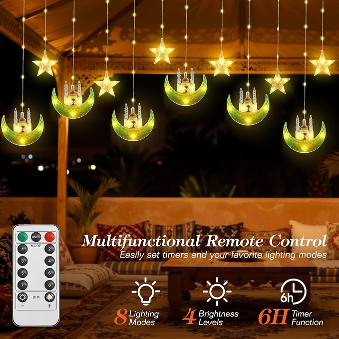 Lewondr Ramadan Curtain String Lights, 138 LED Moon Castle Star Fairy Lights with 6H Timer, 8 Modes, Remote Control, USB Powered Curtain String Light, Eid Mubarak Decorations for Ramadan Home, Green