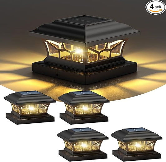 4 Pack Solar Post Cap Lights Outdoor Waterproof, Fits 4x4, 5x5, 6x6 Wooden & Vinyl Fence Decks with Warm & Cool White Light Modes.(Classic Black,4)