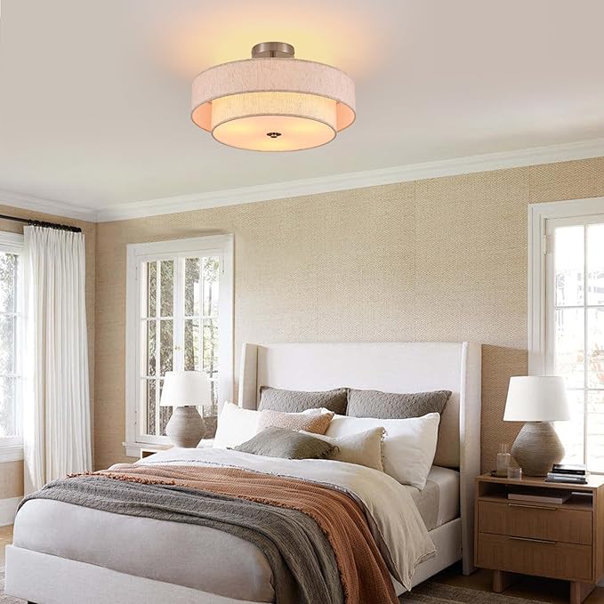 18" Semi Flush Mount Ceiling Light 3-Light Modern Linen Drum Ceiling Lighting with Chrome Finish, Vintage Ceiling Light for Living Room, Kitchen, Basement, Laundry Room, Bedroom