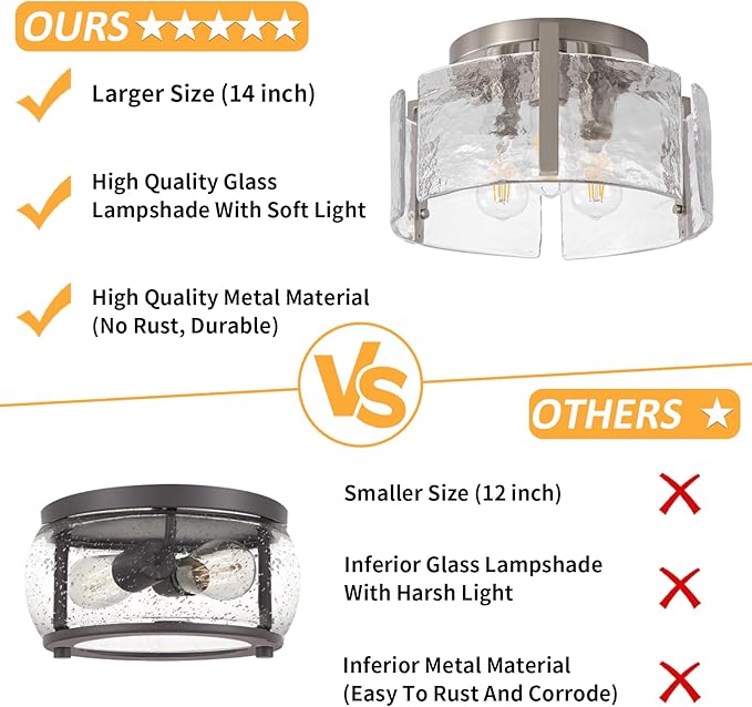 Nickel Semi Flush Mount Ceiling Light Fixture, 14-Inch Glass Drum Flush Mount Light Modern Foyer Lighting Fixtures Farmhouse Kitchen Lights for Entryway Hallway Bathroom Laundry Room Bedroom